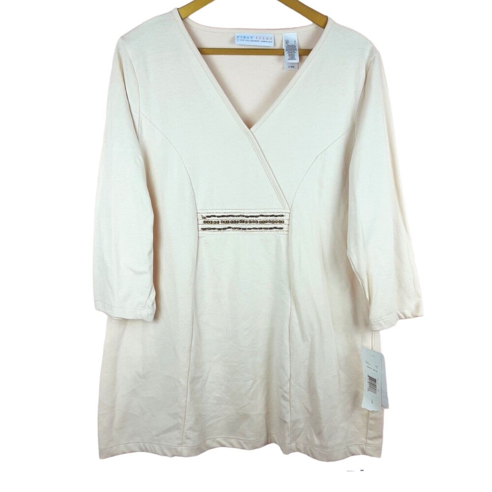NEW Liz Claiborne First Issue Beige Top Tunic with Wood Beads Faux Wrap Sz L